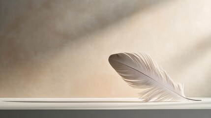  a white feather sitting on top of a table next to a white vase with a shadow of a wall behind it.