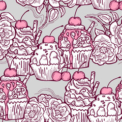 Tasty sweet cupcake dessert decorative seamless pattern for textile design, fabric print, digital or wrapping paper, wallpaper, background and backdrop, bakery shop decoration, cafe, restaurant menu.