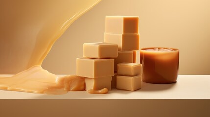  a pile of cubes of cheese next to a glass of caramel syrup on a white tablecloth with a brown background.