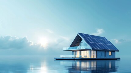 Fototapeta premium beautiful innovative white house with solar panels and green trees on a beautiful hill above the sea