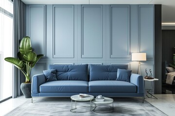 Blue sofa against a paneled wall defines a minimalist loft aesthetic in the modern living room, blending comfort and stylegenerative ai