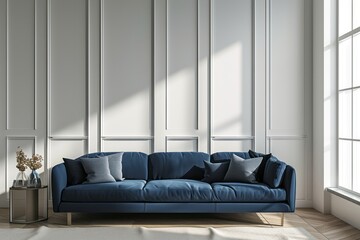 Blue sofa against a paneled wall defines a minimalist loft aesthetic in the modern living room, blending comfort and stylegenerative ai - obrazy, fototapety, plakaty