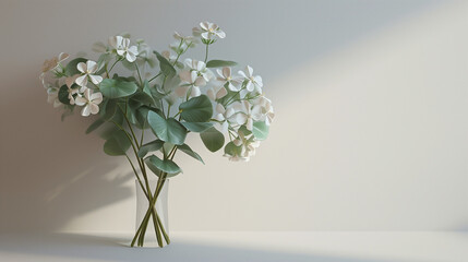 minimalistic arrangement of clovers in a luxurious glass vase, set against a dark background