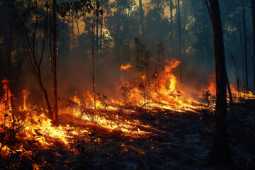 Huge wildfire burning severely in Florida jungle woods. Hot flames in forest. Thick smoke rising up