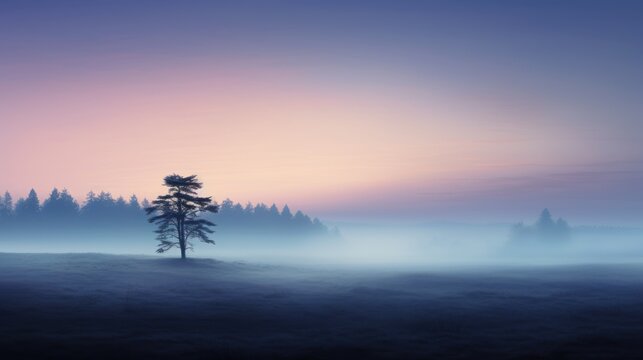  a foggy landscape with a lone tree in the foreground and a pink and blue sky in the background.