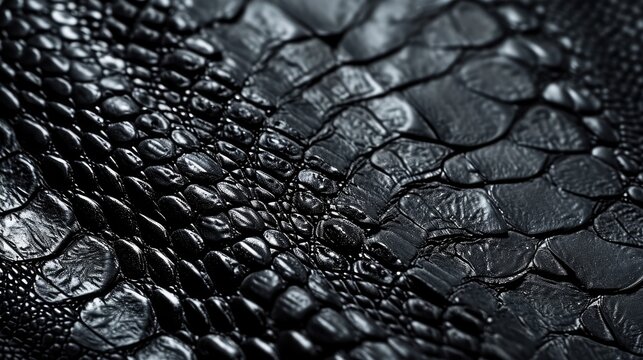 Close-up of black snake leather texture print background. Reptile skin backdrop for fashion, textile, print, banner