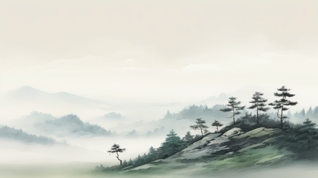  a painting of a foggy mountain with pine trees on top of a hill with a foggy sky in the background.