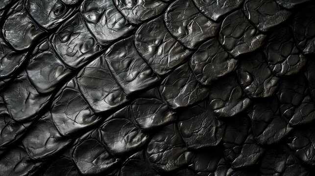 Close-up of black snake leather texture print background. Reptile skin backdrop for fashion, textile, print, banner