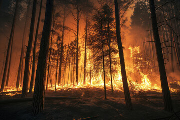 The flames of a forest fire spreading through the trees. Climate change and an increase in the number of weather disasters in the world