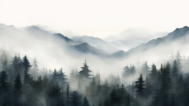  a black and white photo of a foggy mountain scene with trees in the foreground and a foggy sky in the background.