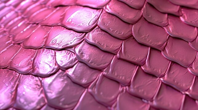 Close-up of pink snake leather texture print background. Reptile skin backdrop for fashion, textile, print, banner.