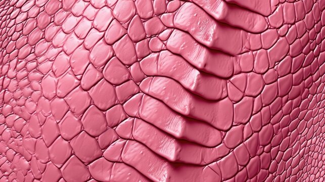 Close-up of pink snake leather texture print background. Reptile skin backdrop for fashion, textile, print, banner.