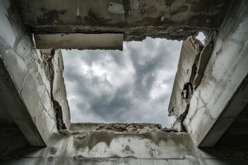 Collapsed roof concrete floor of abandoned building. Through hole in the ceiling overlooking the cloudy sky. Consequences of weather disasters