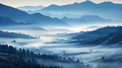  a view of a mountain range with a foggy valley in the foreground and trees in the foreground.