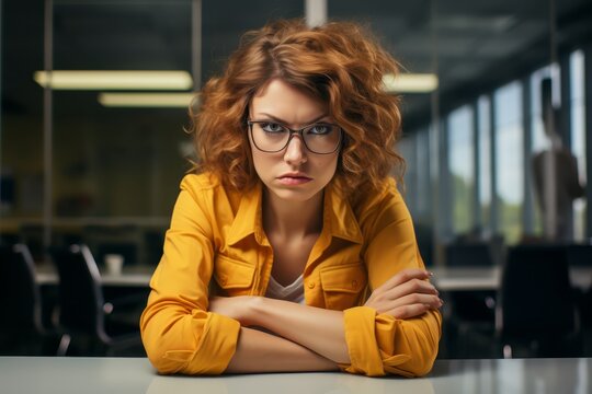 Angry sad gloomy woman in glasses sitting at the table in the office
