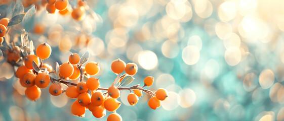 Sea buckthorn branch with ripe orange colored fruits against blurred background, panoramic banner...