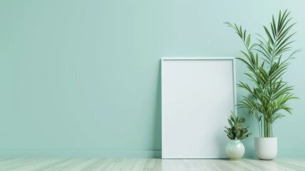 Blank photo frame mockup on a light azure green wall in modern living room