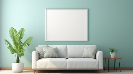 Blank photo frame mockup displayed on a blue wall in a modern living room