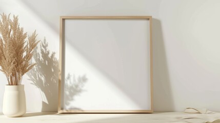 Blank photo frame mockup on a white wall with lights and shadows. Soft natural lighting, minimalist decor, dried plants