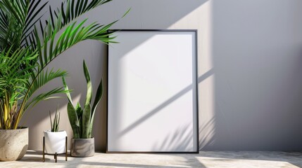 Blank photo frame mockup on a gray wall with light and shadows. Soft natural lighting, minimalist decor, green house plants