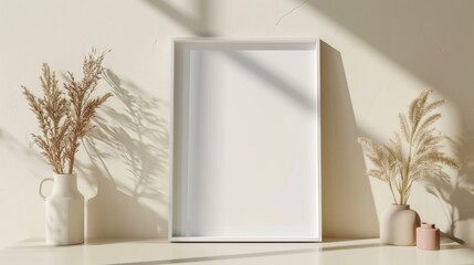 Blank photo frame prominently displayed on a light beige wall. Soft natural lighting, minimalist decor, dried plants