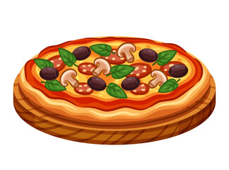Italian pizza fast food, fresh pizzeria baking with cheese, sausage meat, tomato, olives on tray icon. Italy restaurant culinary lunch menu. Cooking hot bakery pastry. Delivery eating. Cartoon vector 
