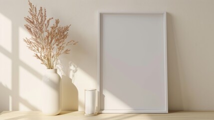 Blank photo frame prominently displayed on a light beige wall. Soft natural lighting, minimalist decor, dried plants