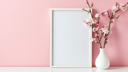 Blank photo frame mockup on on a light pink wall. Soft natural lighting, minimalist decor, spring flowers