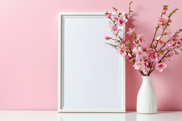 Blank photo frame mockup on on a light pink wall. Soft natural lighting, minimalist decor, spring flowers