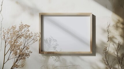 Blank photo frame prominently displayed on a light beige wall. Soft natural lighting, minimalist decor, dried plants