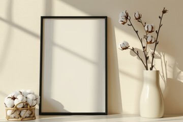 Blank photo frame mockup on a light beige wall. Soft natural lighting, minimalist decor, white cotton flowers