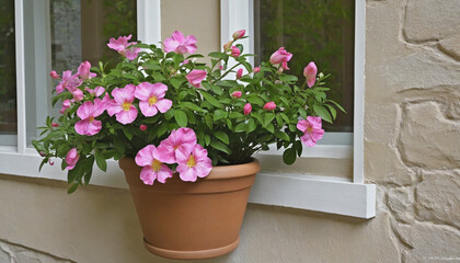 Enhancing the charm of the historic building with a lovely flower pot at the window