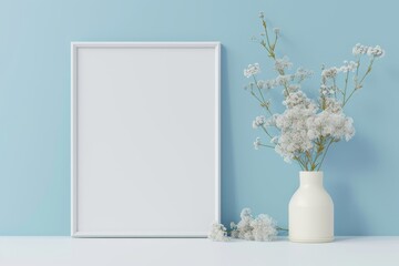 Blank photo frame mockup on a light blue wall background. Soft natural lighting, minimalist decor, white flowers in vase