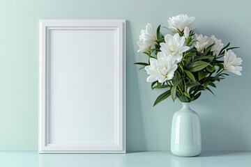 Blank photo frame mockup on a light blue wall background. Soft natural lighting, minimalist decor, white flowers in vase