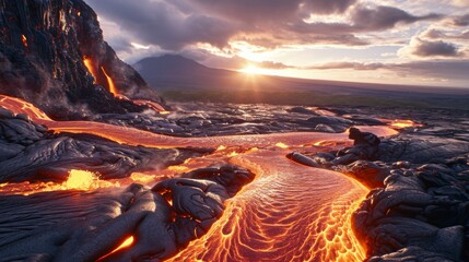 lava from active volcano sliding in flames
