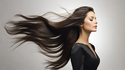 Fototapeta premium Portrait of young beautiful woman with gorgeous healthy brown long hair