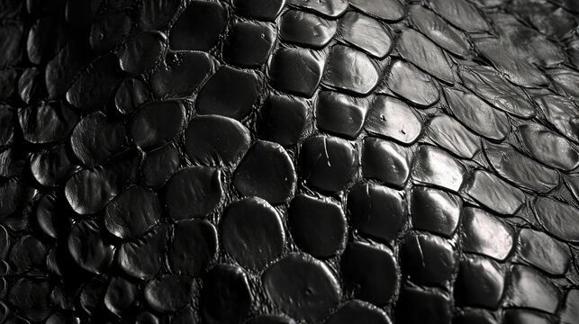 Close-up of black snake leather texture print background. Reptile skin backdrop for fashion, textile, print, banner
