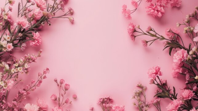 Flat lay top view pink flowers, isolated on a pastel background for Valentine's Day, International Women's Day, Mother's Day card or background