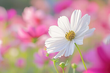 White cosmos flower blooming in the garden, soft focus background.