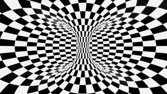psychedelic abstract black and white checkered animated background, hypnotic optical illusion, 4k seamless loop backdrop