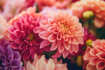 Colorful dahlia flowers in a flower shop, stock photo