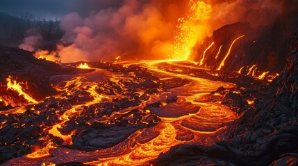 Lava from an active volcano sliding in flames on a hill with daytime fire in high resolution and quality. global warming concept