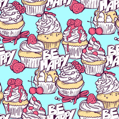 Tasty sweet cupcake dessert decorative seamless pattern for textile design, fabric print, digital or wrapping paper, wallpaper, background and backdrop, bakery shop decoration, cafe, restaurant menu.