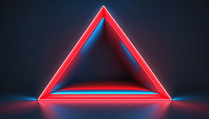 Neon geometric frame on abstract 3D render with red and blue triangles, glowing in the dark. Minimalist wallpaper.