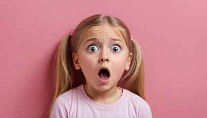 Curious Young Girl Listening Behind Pink Wall with Surprised Look - Creative Imagination
