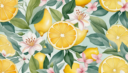 flowers and lemons. watercolor background pattern seamless.