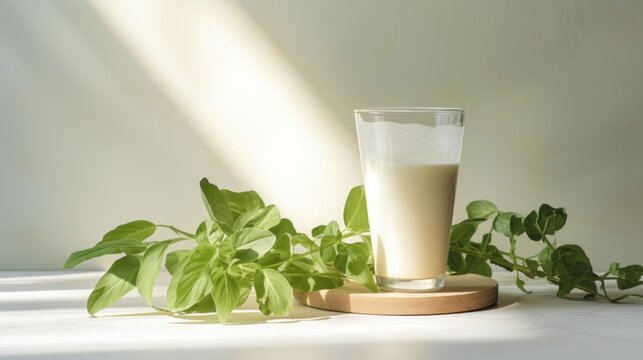  a glass of milk sitting on top of a table next to a leafy green plant on a white surface.