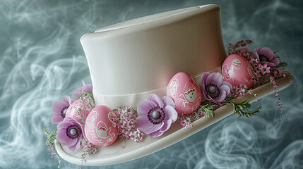 White hat decorated with pink easter eggs and poppies.