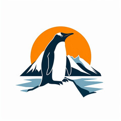 Flat vector logo with the silhouette of a penguin against an iceberg