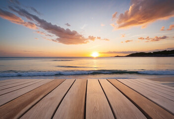 The beach has an empty wood table with a stunning sunset sky. Copy room. 